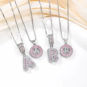 Silver Plated Pink Zircon Crystal Letter Pendant Necklace 26 A-Z Initial Flower Necklace For Women Men Jewelry Gifts with Metal Coating Elegant Design