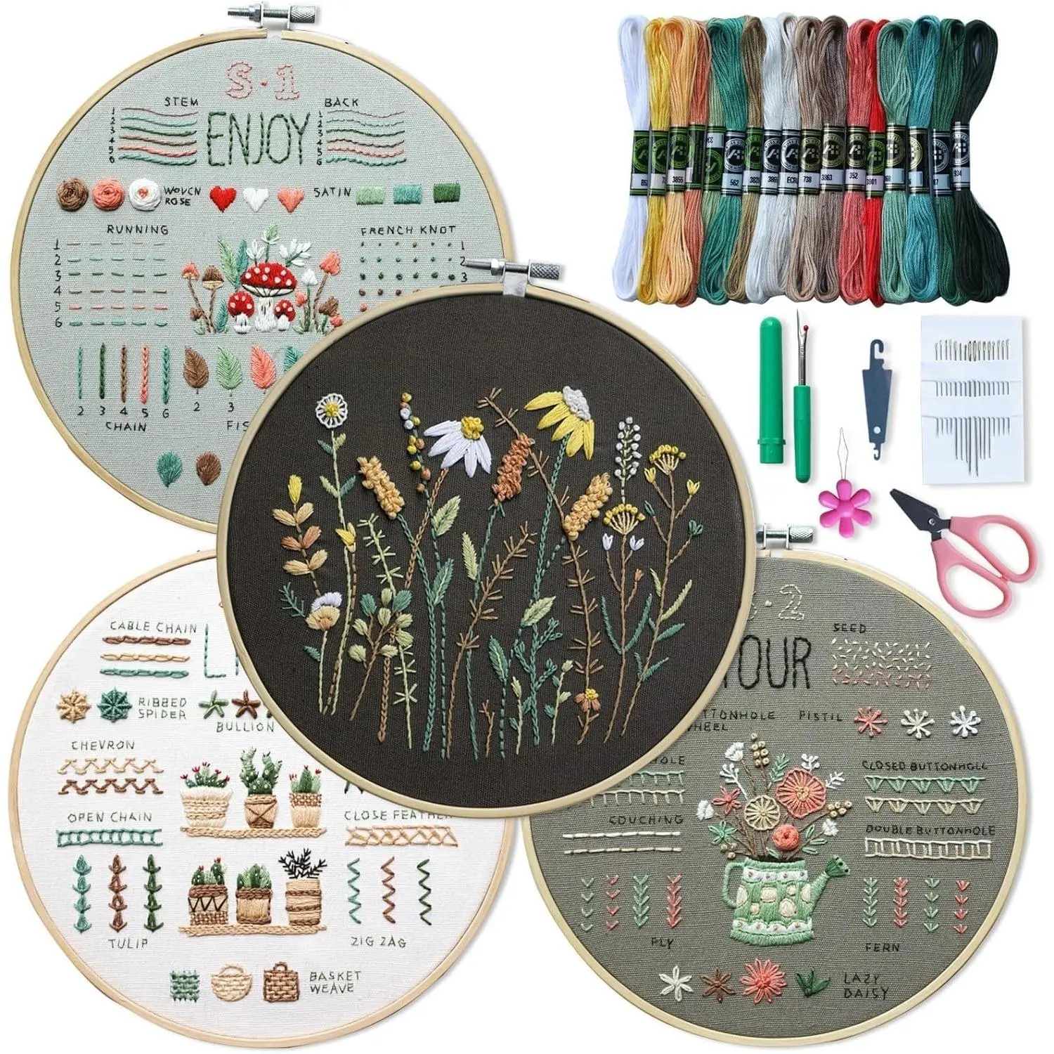 Beginner's 4 Pcs Sewing & Embroidery Complete Kit for DIY Home Sewing Projects Ideas - Mixed Textile Fabric, Needle, Multi-Color Thread, Frame, Scissors & Detailed Instructions