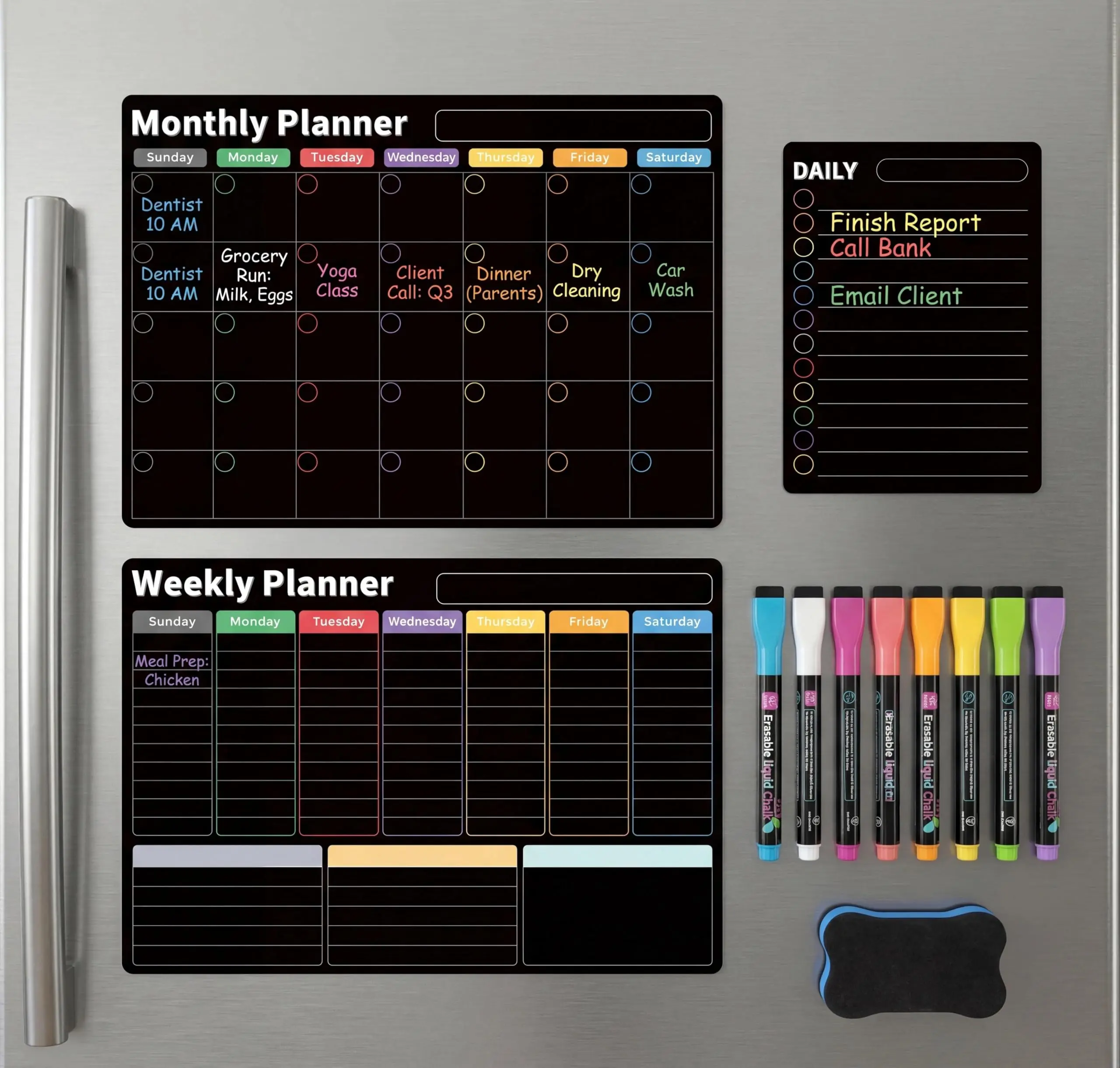 AUVIREC 3-Pack Black Magnetic Refrigerator Calendar (Ships Flat) - 17"x12" Color-Coded Planning Boards, Lined Grid Planner Board, Nano-Tech Dry Erase Fridge Accessory, 8 Neon Liquid Chalk Markers, Office Supplies, Home Decor, Housewarming Gift, Apartment,
