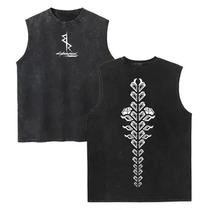 Cyberpunk: Edgerunners Vintage Washed Tank Top, Gym Essential, Vintage Casual Crewneck Short Sleeves Menswear T-shirt Classic Cotton Fabric Streetwear