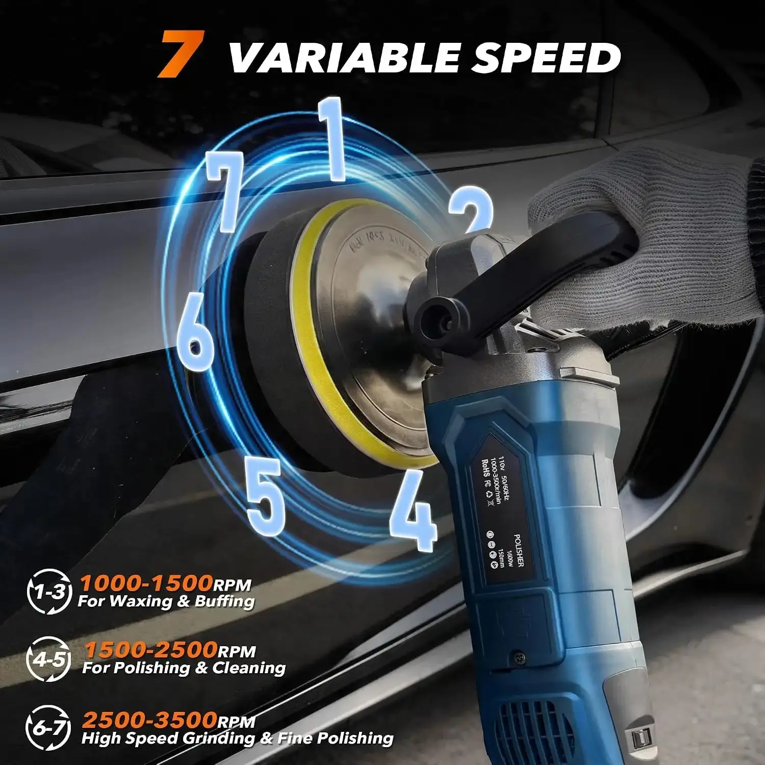 Buffer Polisher, 1600W Rotary Car Buffer, 6 Inch/7 Inch, Blue