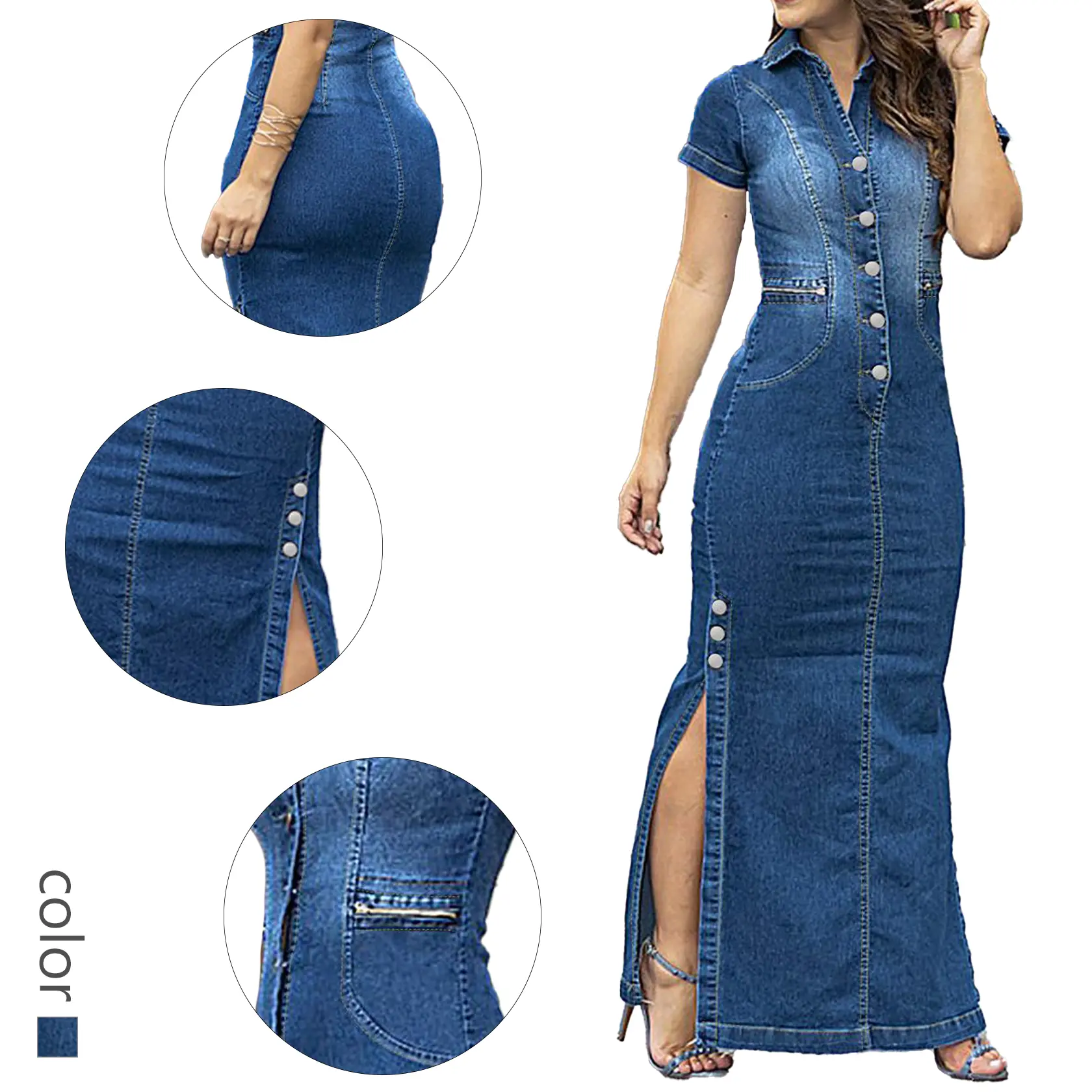 Sexy Bodycon Denim Dress with Side Slit – Vintage Button Up Maxi Jean Dress