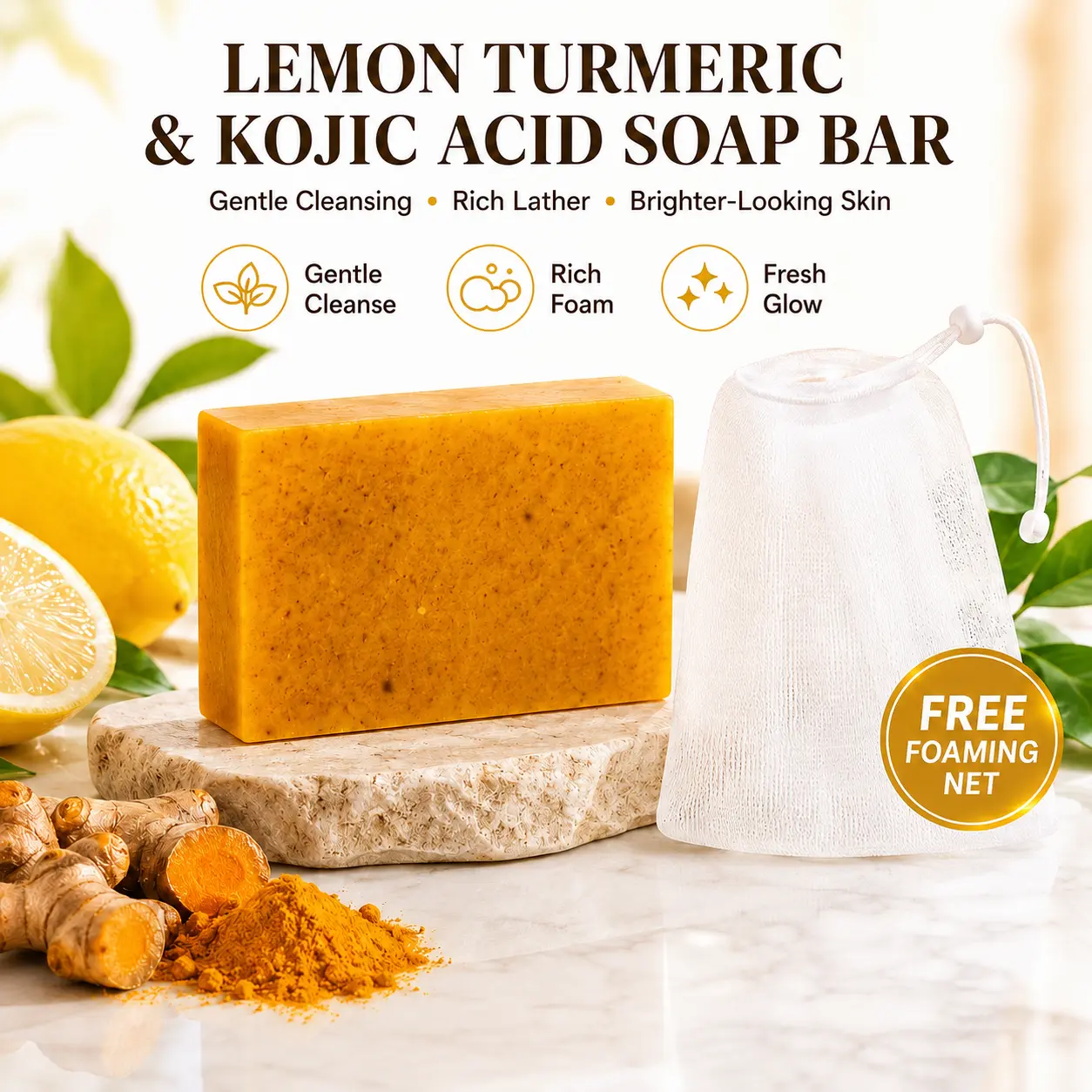 Kojic Acid Soap Bar with Organic Turmeric and Lemon, Brightening & Moisturizing Face & Body Cleanser for Sensitive Skin, 100g with Soap Bag, Moisturizer, Normal, Single Item