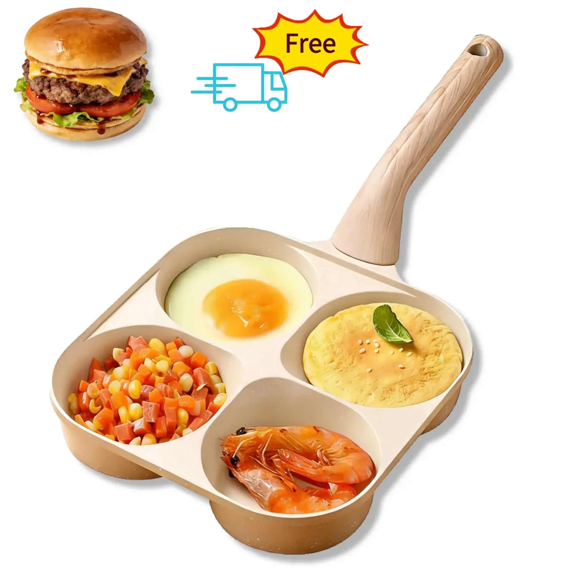 Non-Stick Round 4-in-1 Breakfast Frying Pan Cookware - Lightweight, Fast Heating, Durable, Easy to Clean, Space-Saving, Eco-Friendly, Non Stick Friendly for Frying Eggs, Hamburgers - Black/Beige