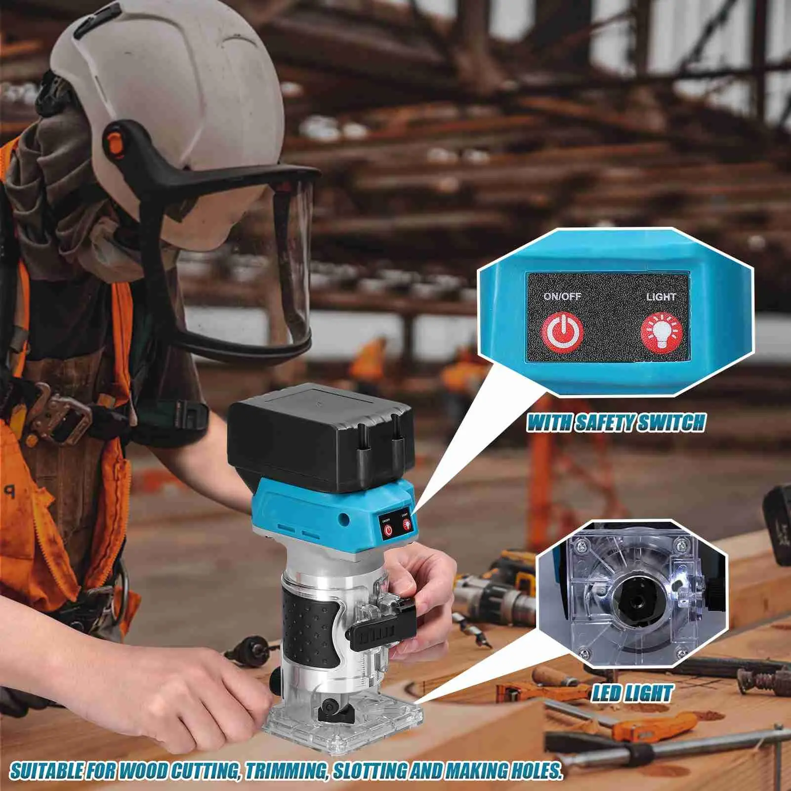 600W Brushless Wood Router - 6-Level Speed Adjustable Wood Cutting Tool, 18000rpm Trimming/Milling, 1420g/3.1lb, 341*135*107mm, Plastic+Metal, Rubber Grip, Transparent Base, Accurate Depth, Adjustable Height, Dustproof, Blue+Black, Router Only