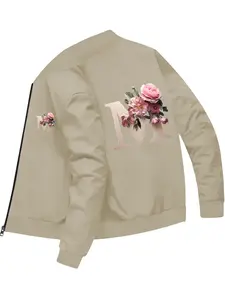 Fashionable Personalized Letter And Flower Printed Baseball Jacket For Daily Casual Commuting And Versatile Wear