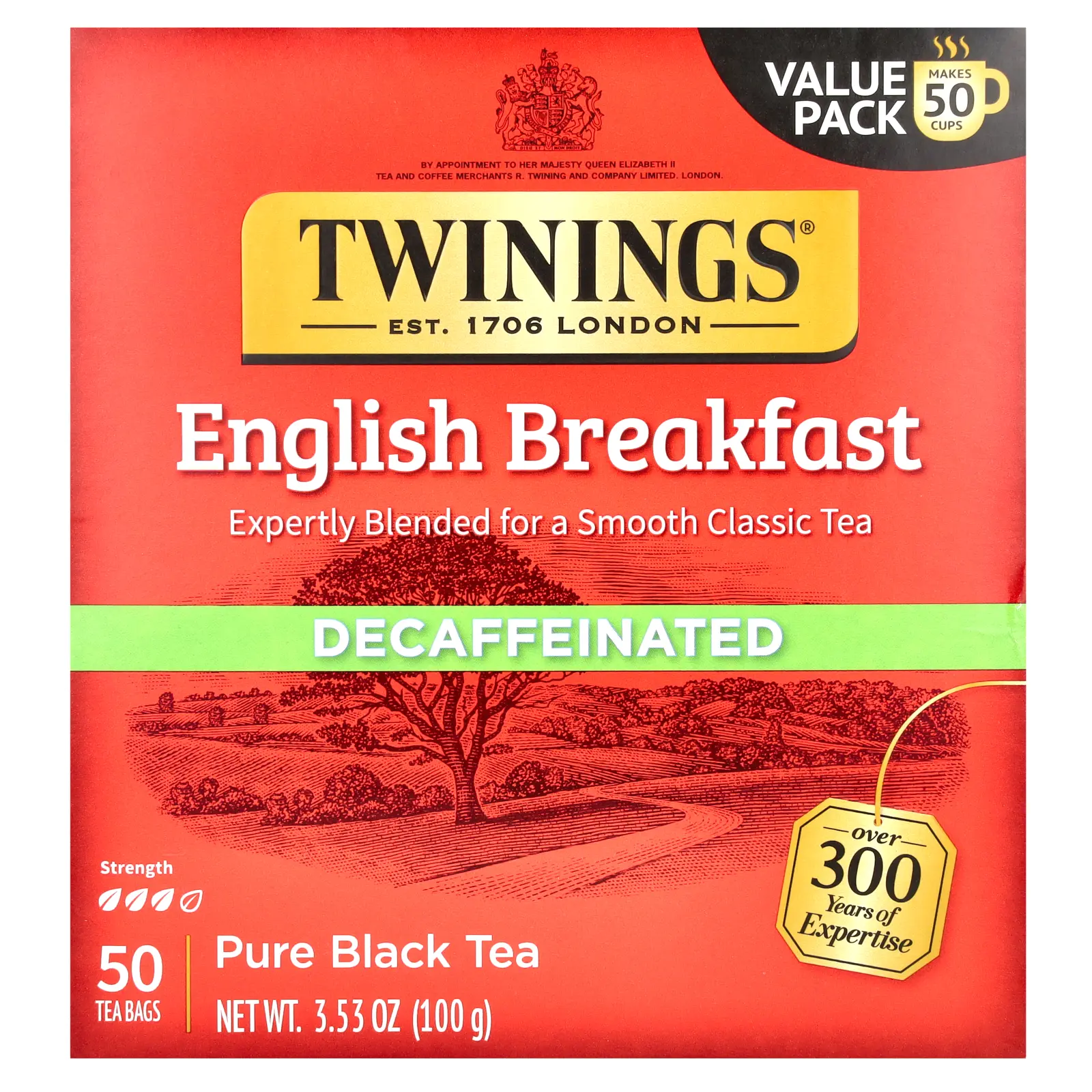Twinings Pure Black Tea, English Breakfast, Decaffeinated, 50 Tea Bags, 3.53 oz (100 g)