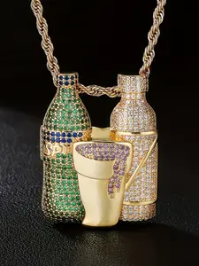 ICED CHICS Wine glass and beverage bottle pendant, Cuban Link Design, a unique accessory, suitable for daily wear, made of copper inlaid zircon material