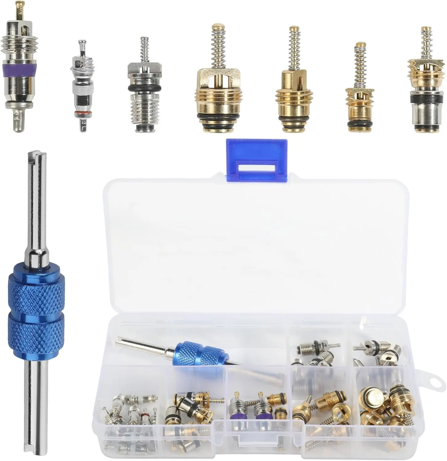 40PCS AC Schrader Valve Kit,AC Valve Core Kit,Car Accessories AC Valve Core Removal Tool,Schrader Valve Removal Tool,A/C R134a Schrader Valve Core Repair Kit for Cars Air Conditioning Repair