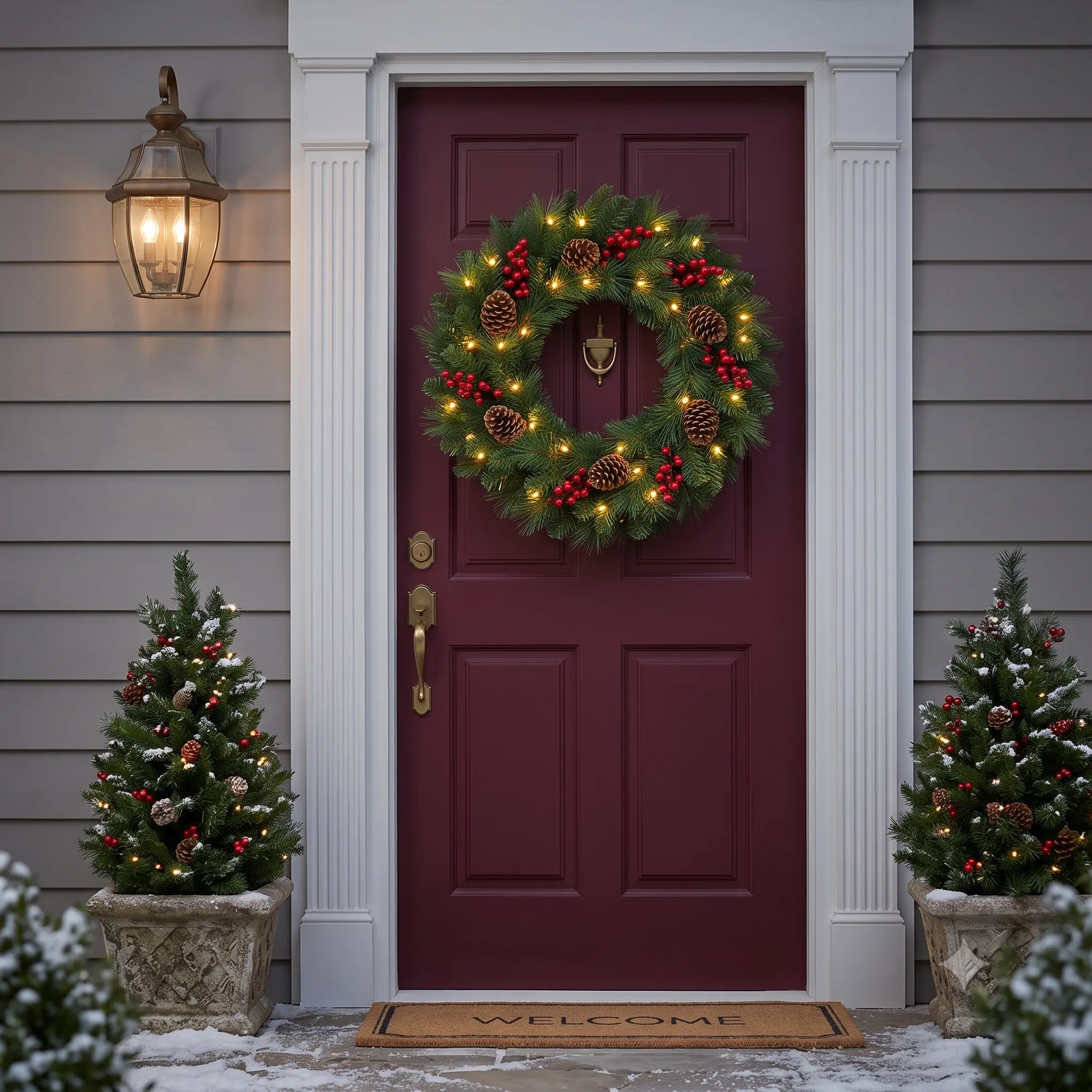 25" Christmas Wreath with 70 LED Warm White Lights, Artificial Pine Needle Wreath with 9 Red Berries & 9 Pine Cones, Battery Operated Holiday Decor for Front Door