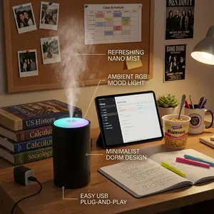 Small USB Humidifier for Desk, Quiet Mini Cool Mist Diffuser with LED Light for Home, Office & Car