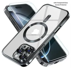 Magnetic Phone Case  for iPhone 17/16/15/14/13/12/11 Pro Max  Plus Pro Case with 1PC Tempered Glass Screen Protector, Full Lens Protection Shockproof, Clear & Anti-Yellowing  casing Built-in Magnetic Suction & Wireless Charging Compatible