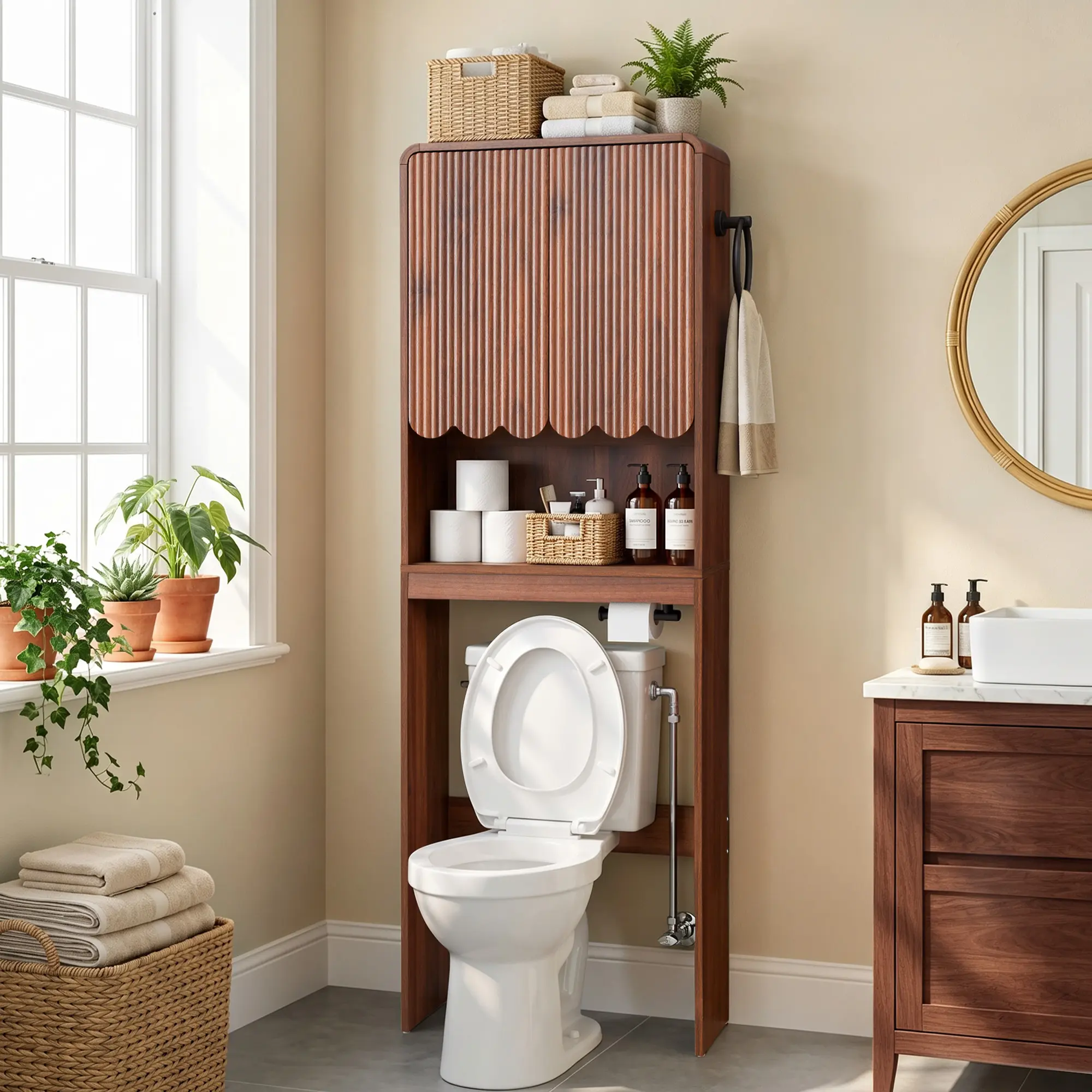 Giratree Fluted Over The Toilet Storage Cabinet with Paper Holder& Towel Ring,Walnut | Scalloped Above Toilet Storage with Adjustable Shelf,Behind The Toilet Storage Cabinet, Mid Century Wood Bathroom Storage