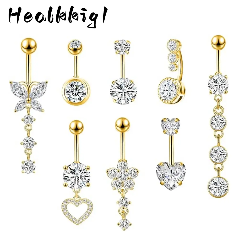 8 PCS Belly Button Ring Dangle Piercing - 14G Surgical Steel Cute Navel Ring Women's Body Piercing Jewelry Gift, Great For Birthday Gifts, Party, Christmas Gifts, Thanksgiving, Wedding Anniversary