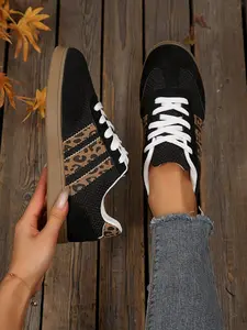 Women's Leopard Print Sneakers, New Retro Casual Shoes, Mesh Low-Top Thick Sole, Y2K Style, Comfortable Sporty Footwear