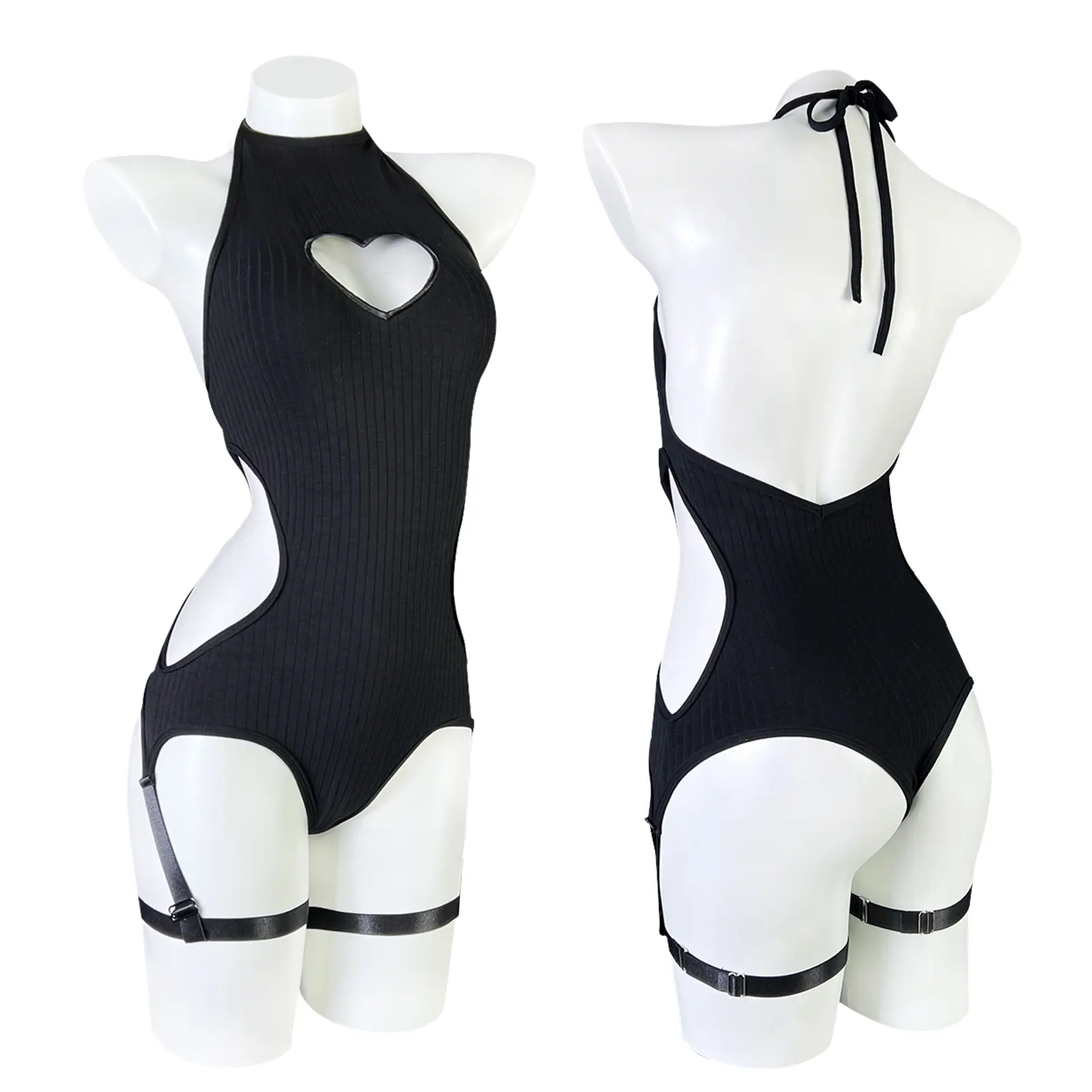KORURACLUB Women Black Backless Bodysuit Heart Cutout Elegant Fit Top