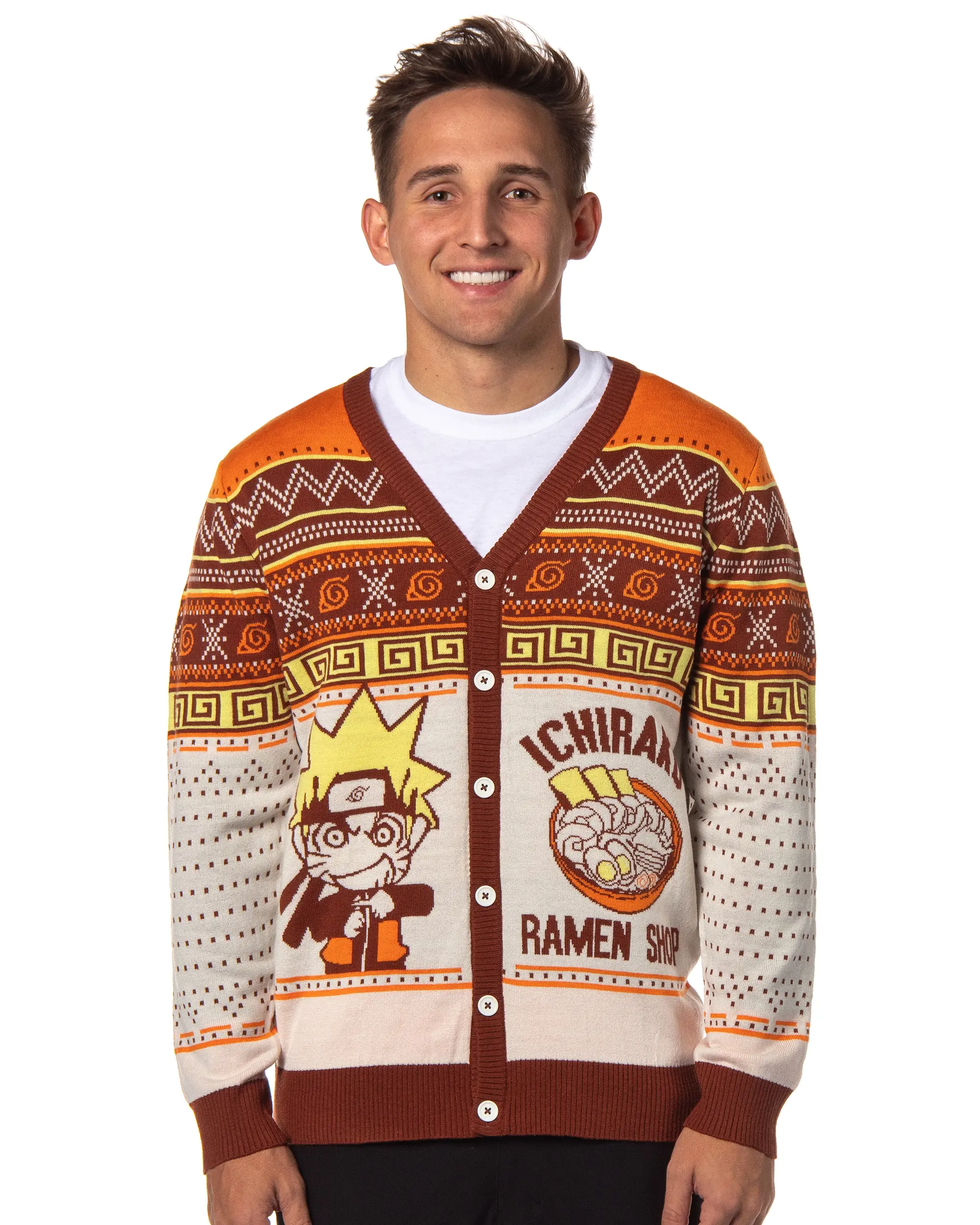 Naruto Shippuden Men's Ichiraku Ramen Shop Ugly Sweater for Christmas Button-Up Knit Cardigan