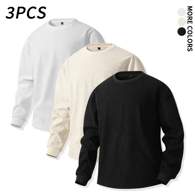 3 Pcs Men’s Vintage Corduroy Long Sleeve Crew Neck Shirts — Solid Colors, Loose Basic Style, Casual Layering Tops, Autumn Wardrobe Essential, Fall/Winter Fashion