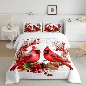 Feelyou Red Cardinals Cute Birds Bedding Set - Pine Cones Themed Kids Comforter, Romantic Love Duvet, Room Decor Quilt Set