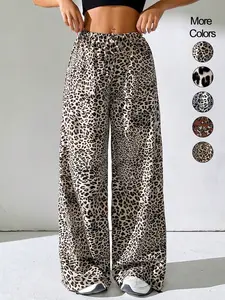 Women's Leopard Print Drawstring Waist Wide Leg Pants, Casual Comfy Trousers for Spring & Fall, Women's Bottoms for Daily Wear