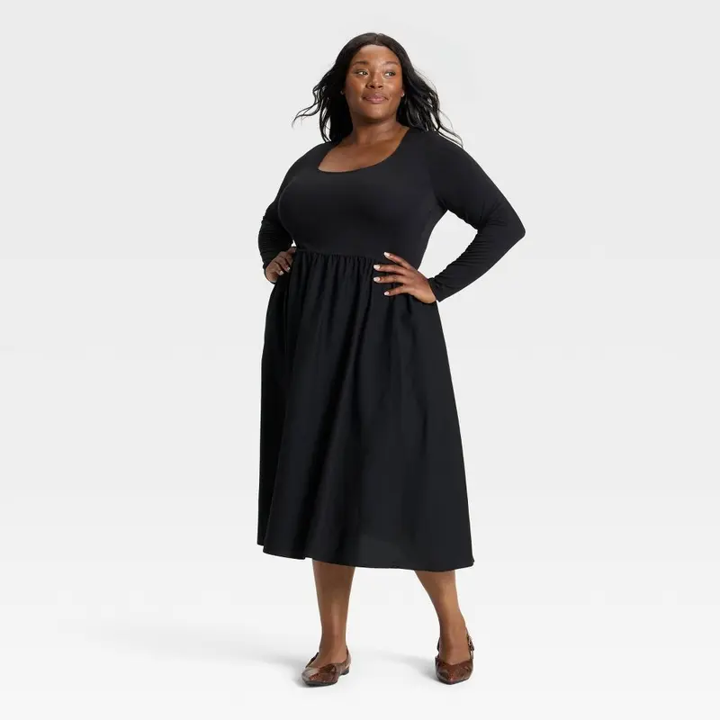 black knit fit and flare dress H&M Divided Black Ribbed Knit Cut-Out Neck Short Sleeve Fit & Flare Dr –  Brie