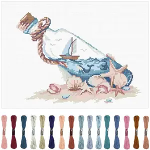 Cross Stitch DIY Art Kit, Ocean Bottle Cross Stitch Decoration, Beginner Friendly, Includes Fabric, Threads, Tools, Instructions, Embroidery Patterns