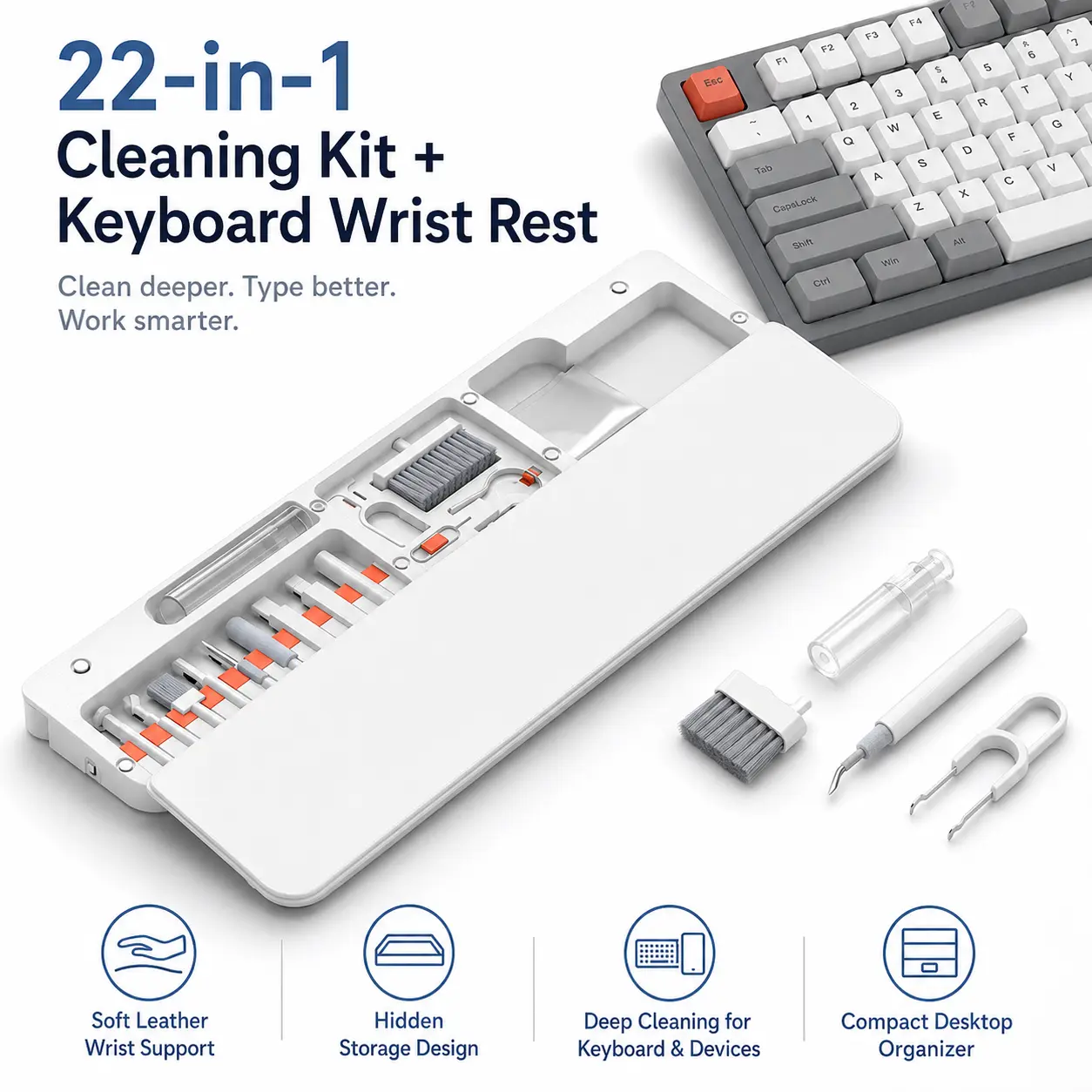 22-in-1 Keyboard Cleaning Kit with Wrist Rest Magnetic Desk Organizer for Home Office