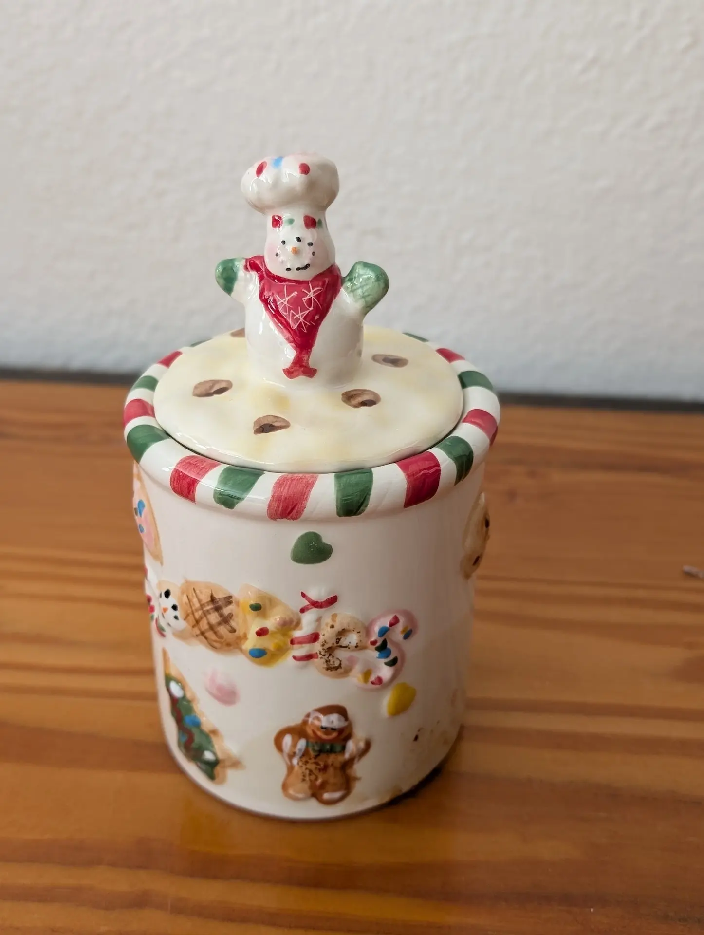 Christmas Cookie Jar from Unknown -  Kitchenware (Ceramic Canister / Cookie Jar, Whimsical, Kitchen Kitsch, Cream, Red, Green)