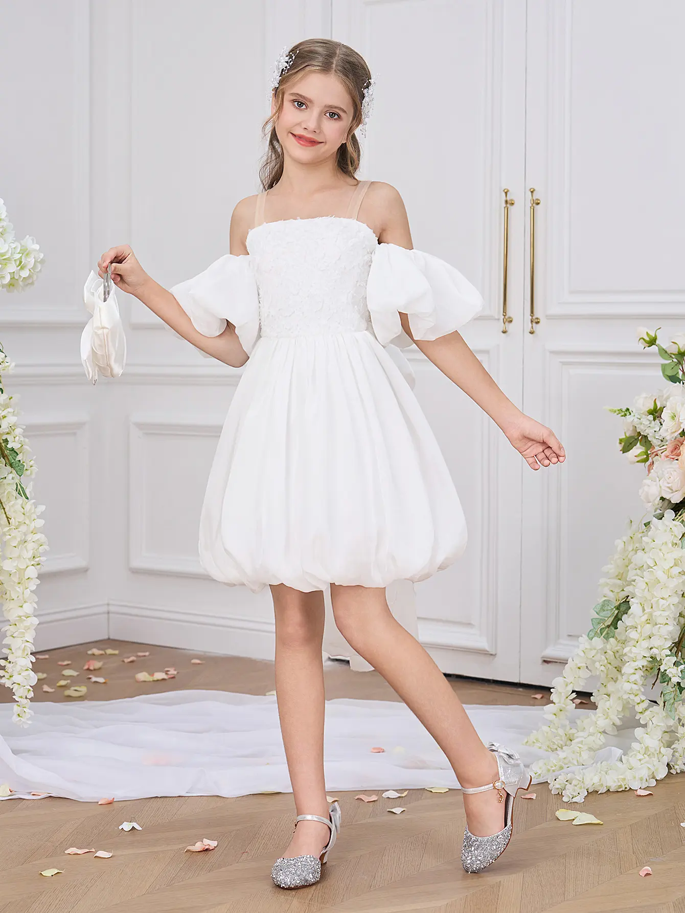 0093 Tween Girls' Elegant Bowknot Pageant Wedding Party Formal Dress Puffy Sleeve Birthday Bridesmaid Children Graduation Ceremony Performance Hostess Ball Gown