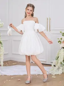 0093 Tween Girls' Elegant Bowknot Pageant Wedding Party Formal Dress Puffy Sleeve Birthday Bridesmaid Children Graduation Ceremony Performance Hostess Ball Gown