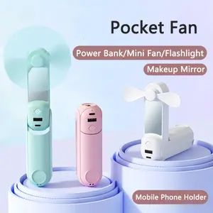 Portable Foldable Fan 5 in1 with Power Bank Flashlight Mirror & Mobile Phone Holder 2000mAh 270° Adjustable Battery Operated Rechargeable Durable Brushless Motor