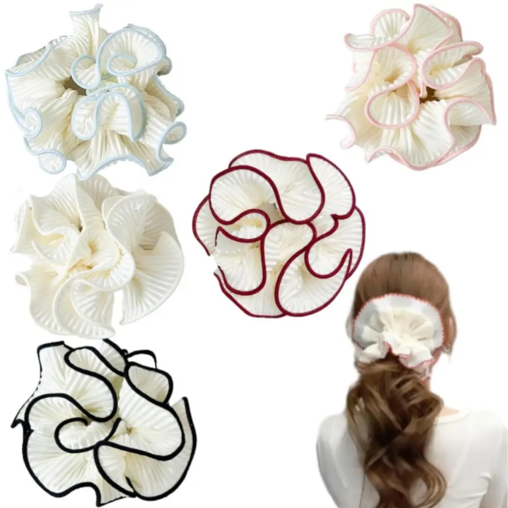 5 Pack Large Hair Scrunchies with Double-Layer Ruffle Design and Colored Trim Detailing, Soft Fabric Elastic Ties for Gentle Hold, Oversized, Elastic Band, Casual, Set Pack, Pleated Ruffles, Elegant, Everyday, Daily, Extra Large White Scrunchies, Fashion,