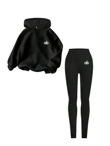 Women's Spring & Fall Half-Zip Hoodie Set, Ab Letter Print Loose Casual Top + Tight Leggings, High-Waisted Yoga Pants, Versatile Daily Wear, Sweatsuit Set Outfit, Sports Clothing Set