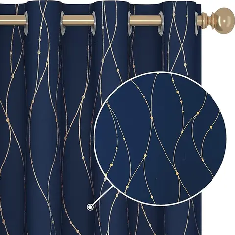 Deconovo 2-Panel Window Curtains - Gold Wave Line & Dot Print Gold Foil Shimmer Navy Blue Polyester Drapes, Thermal Insulated, Soundproof, Darkening, Fade Resistant, Durable, 1.6" Grommet Top, Hand Wash Only for Living Room, Bedroom