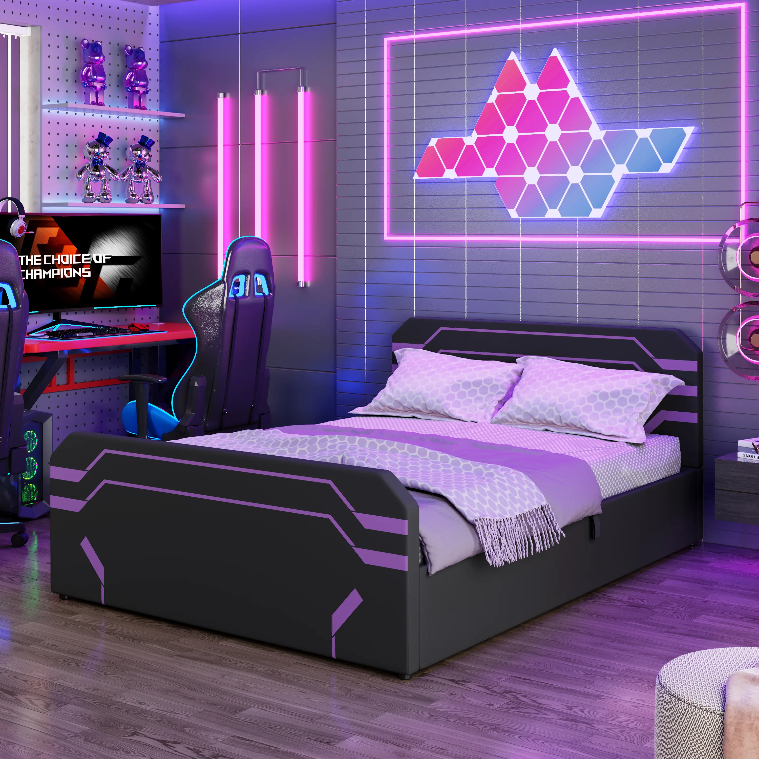 Queen Size Cyberpunk Gaming Platform Bed Frame - Hydraulic Lift Side Storage, Futuristic Print Upholstered PU+MDF, 660 LBS Capacity, No Box Spring Needed, Black+Red Queen, 115.22 Lbs, 85.4in×62.6in×34.8in, Assembly Required for Gen Z Gamers' Bedrooms