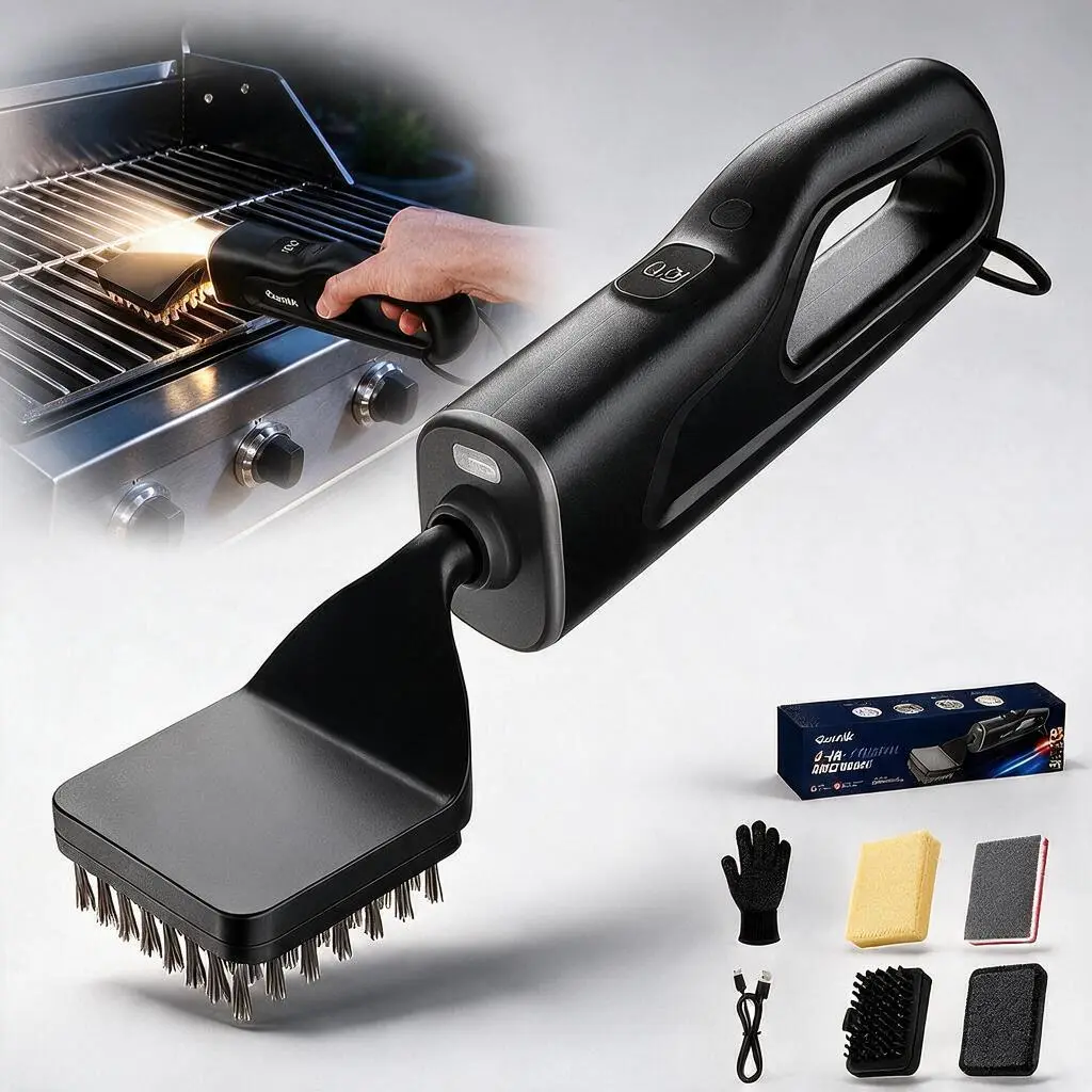 Electric Grill Brush – Cordless Rechargeable BBQ Cleaner, Bristle-Free Safe for All Grills, Fireproof Heat-Resistant Head, Interchangeable Brushes, Long Battery Life, No-Splatter Reciprocating Action, Ideal for Outdoor Camping and Family BBQ Gatherings