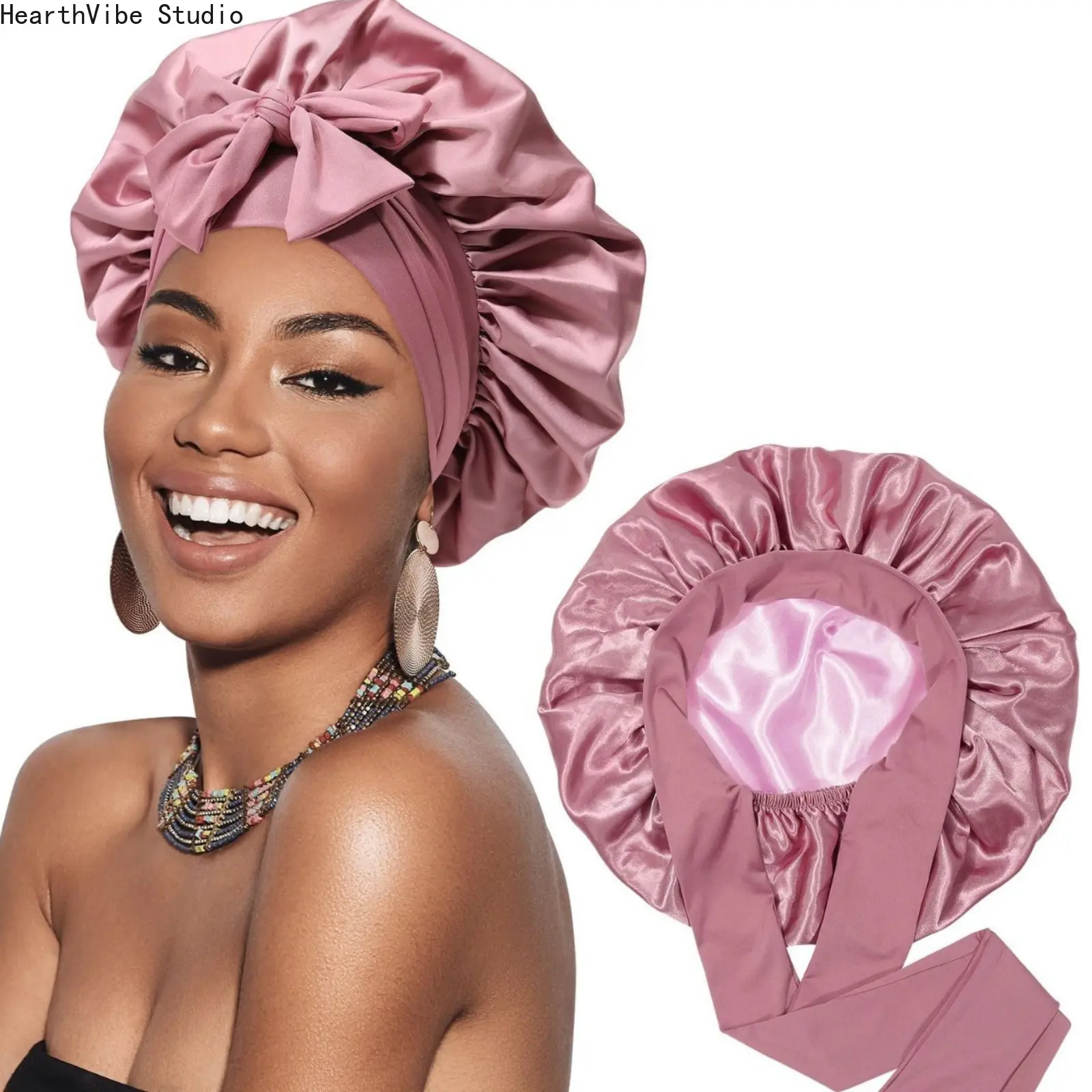 Reversible Double-Layer Satin Bonnet with Adjustable Ribbon Ties - Hydrating Silk Sleep Cap and Hair Wrap for Women with Curly Hair, Braids, Haircare, Gift, Luxury, Frizz Control, Moisturizes, Heatless, Salon, Frizz Free, Long Box Braids