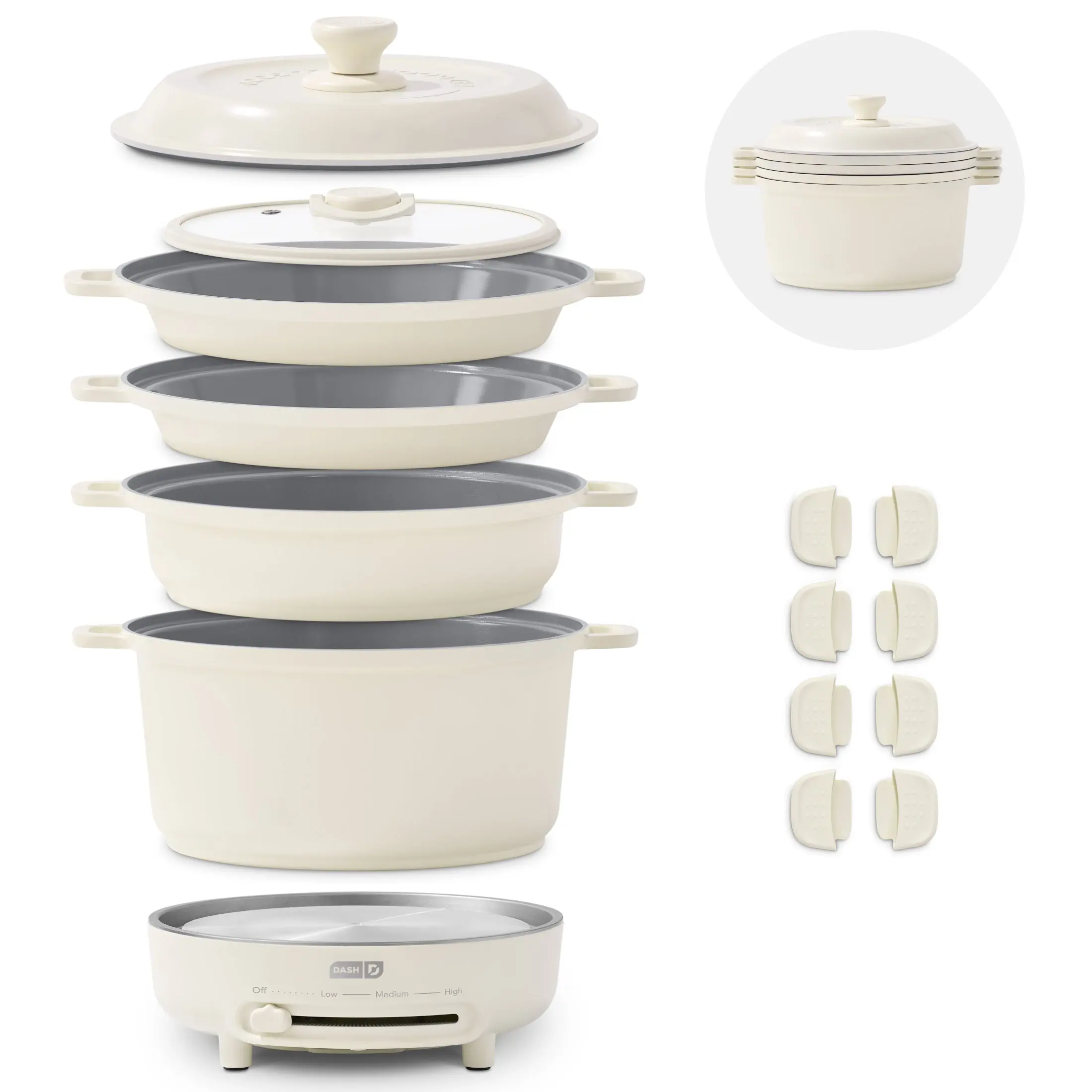 Dash Stacks Ceramic Non Stick Cookware Sets - Cast Aluminum-Built, Silicone-Enhanced, Stackable, Oven-Safe Pots and Pans Set, 6.2qt Stockpot, Bamboo Utensils Included, Lightweight for Oil-Saving Fry+Grill Function, Everyday Meals on Countertop Burners