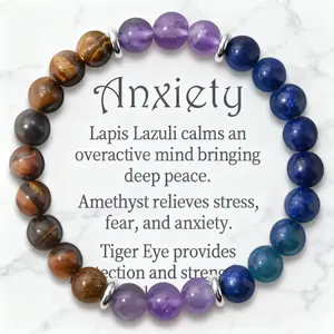 Anxiety Beaded Bracelet for Women Crystal Bracelets Yoga Beads Chakra Bracelets Triple Protection Handmade Stretch Tiger Eyes Bracelet for Men Good Luck Jewelry