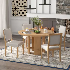 5-Piece Round Dining Table Set for 4, Minimalist Farmhouse Dining Table with 4 Solid Wood Upholstered Chairs, Kitchen & Dining Room Sets (Natural)