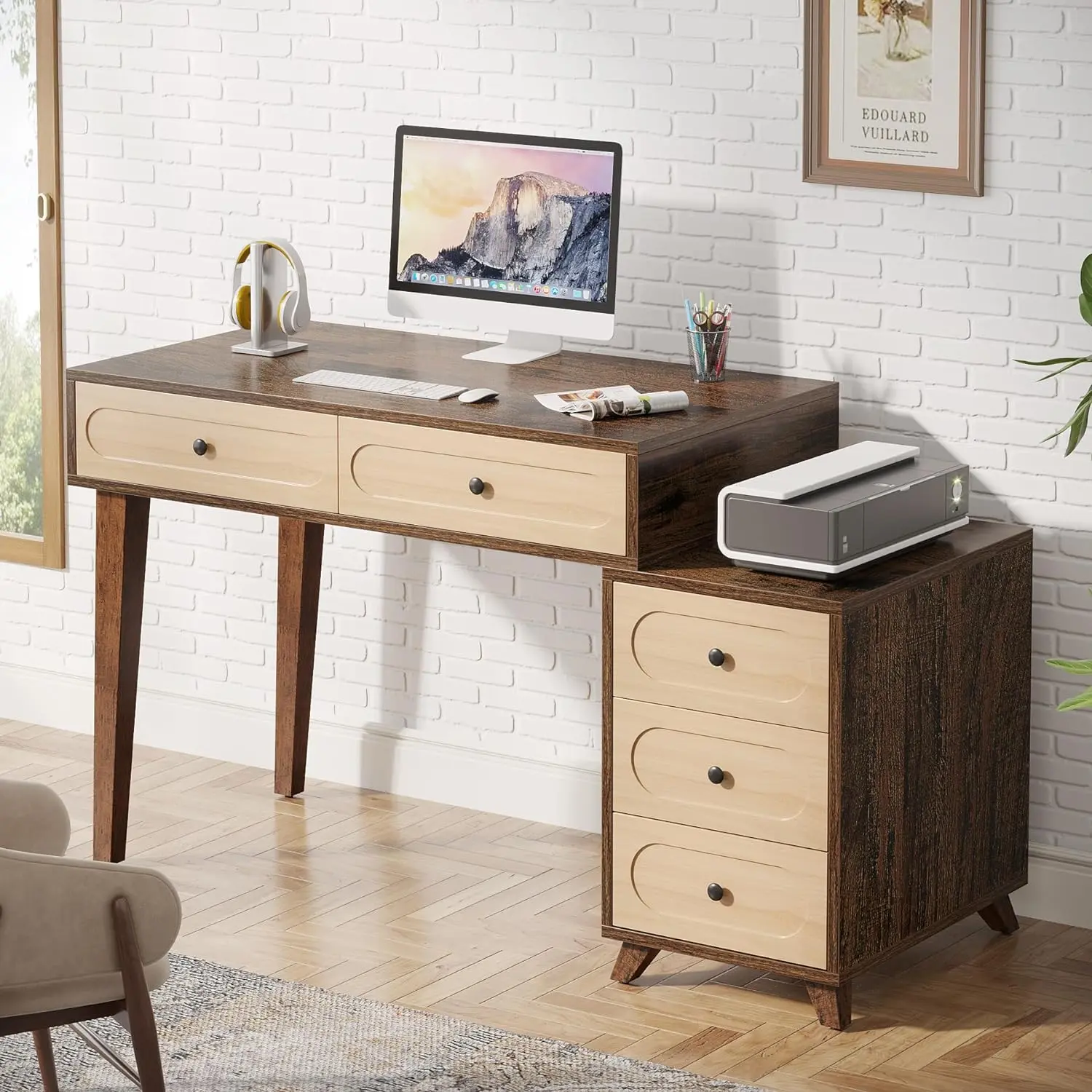 Tribesigns Computer Desk with 5 Drawers, 51-Inch Home Office Desk with Reversible Drawer Cabinet and Printer Stand