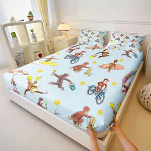 Curious George Adventure Elements, Lively And Playful Style, Breathable And Skin-Friendly Fitted Sheet Set, Includes 1/2 Coreless Pillowcases, Suitable For Children's Room Or Dorm Decoration And Practical Use, An Exclusive Holiday Commemorative Gift.