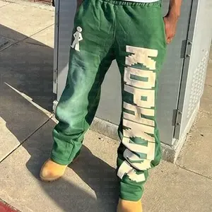 Men's Green Faded Letter Print Sweatpants, Elastic Waist Baggy Joggers with Big Vertical Logo & Character Patch, Y2K Hip Hop Streetwear Casual Trousers