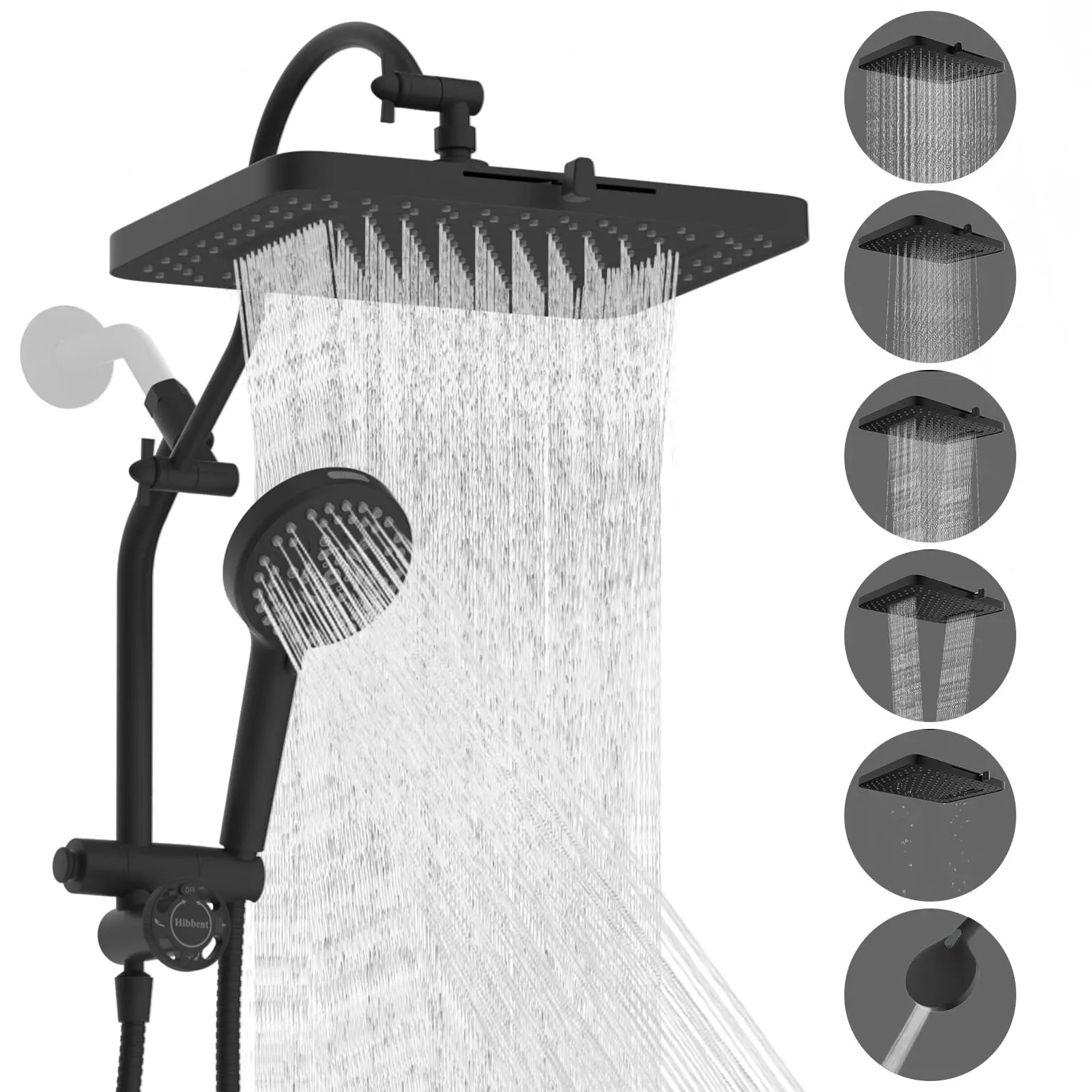 Hibbent Adjustable 5-Spray 13-in Easy-Reach High-Pressure Fixed Showerhead Combo - 10-Mode Wall-Mounted Handheld Shower, 12-in Extension Arm, 4-Way Diverter, 71-in Hose, Holder, Black, Modern Multi-Function Fixed Showerheads, Adjustable Shower Head