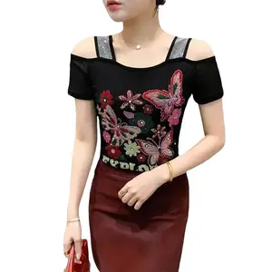 New Summer Heavy Industry Diamond-inlaid Double-layer Ice Mesh Short-sleeved Fashionable Off-shoulder Beautiful Back Shirt For Women  Blouse Casual Womenswear Shortsleeve Polyester Top