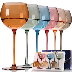 Hand Blown Balloon Colored Wine Glass Set of 6 with Long Stem - 15Oz White Wine Glasses for Christmas and New Year Gifts - Drinkware
