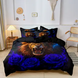 3pcs Duvet Cover Set, Soft and Comfortable, Comfy Bed Sets, Decorative Duvet Cover, Black Lion Duvet Cover Extra Large, Lion Double Bedding Set for Boys, Duvet 3D Animal Print Set Large, Red Rose Bedding Set, Bed Sets