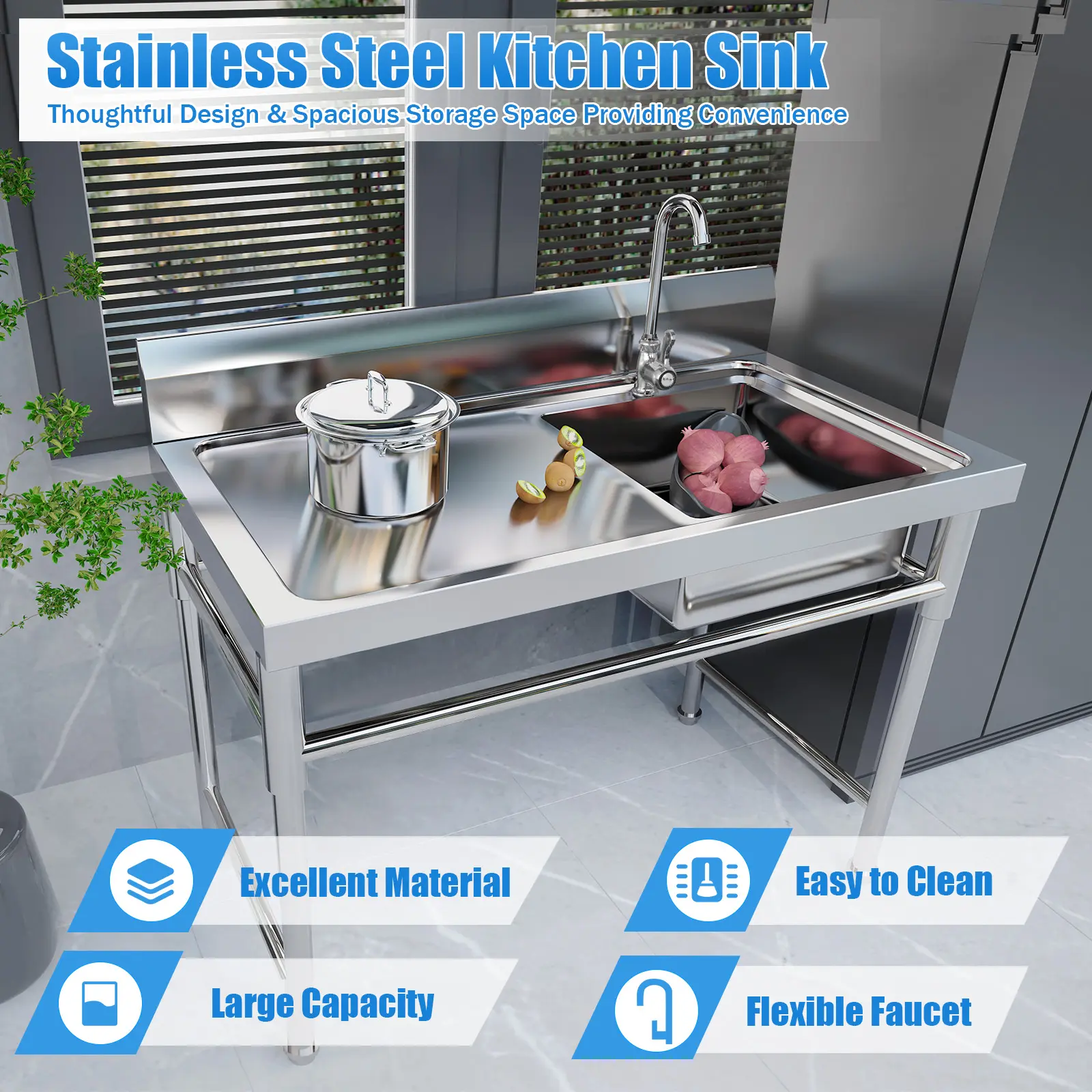 CNCEST Freestanding Single Bowl 304 Stainless Steel Multi-Use Utility Sink, Faucet Included, Adjustable ft, Durable Sturdy Construction for Kitchen, Farmhouse Outdoor Use, Adjustable Feet