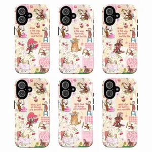 Coquette Pink Curious George Phone Case | Cute Floral Patchwork – Cottagecore Cherry & Cat | Christian Bible Verse Phone Cover for iPhone 16 15 14 13 12 11 Pro Max X XR XS & Galaxy S25 S24 S23 S22 S21 | Inspirational Scripture, Religious Faith, God Jesus