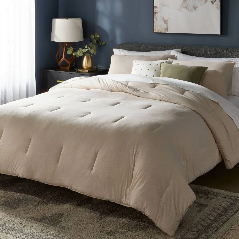Full/Queen Jersey Comforter and Sham Set Oatmeal Charcoal Striped - Threshold: Cotton Knit Machine Washable Zippered Shams